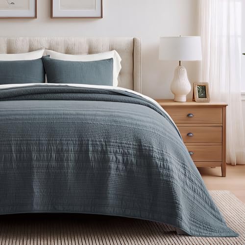 EVERGRACEHOME 100% Cotton Quilt Set Oversized Cal King, Midnight Blue | Pre-Washed Soft Cotton, Striped Coverlet Bedspread, 3 Piece Lightweight Bedding Set for All Season, with 2 Pillow Shams - color: Midnight Blue, size: Oversized Cal King (118" X 102")