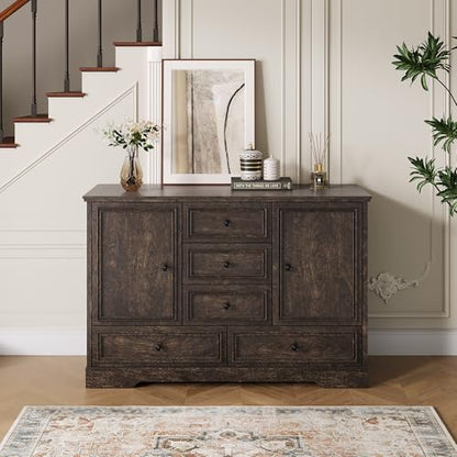 GarveeHome 47" Farmhouse Sideboard Buffet Cabinet, Sideboard Storage credenza with 5 Drawers and 2 Doors, Wood Coffee Bar Cabinet, Buffet Table for Dining Room Living Room, Brown - color: Brown