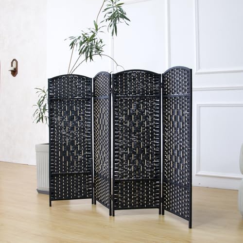 4-Panel Short Room Divider, 3.9 ft Freestanding Partition Wall, Natural Black Rattan Double-Sided Folding Screen for Living Room, Bedroom & Corner Privacy - color: Black, size: 4 Panel
