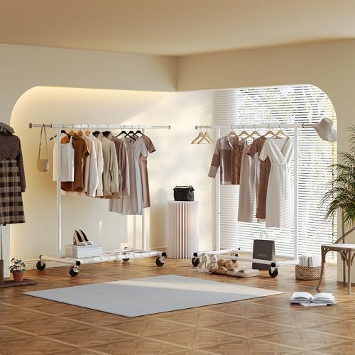 Raybee Clothes Rack, Metal Rolling Garment Rack with Extendable Rod | Storage Mesh Shelf, Lockable Wheels, Tool-Free Assembly, Collapsible Frame, for Bedroom, Laundry, Closet, Commercial, White - color: White, style: Single Rod