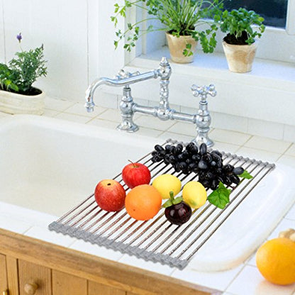Hhyn Roll Up Dish Drying Rack 20.5"(L) x 13.8"(W), Gray | Stainless Steel and Silicone Dish Drying Mat Over The Sink Foldable Drain Rack Multipurpose Dish Drainer Extra Large - size: 20.5"(L) x 13.8"(W)