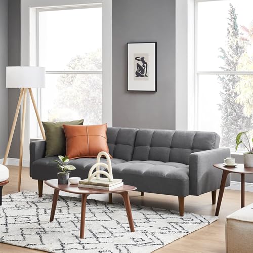 mopio 76.4" Futon Sofa Bed Tufted Styled, Sleeper Couch (Dark Grey Fabric) | A textured seat folds flat for sleepovers; snug proportions slip into lofts and small lounges. - color: Dark Grey Fabric