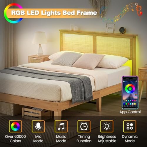 GAOMON Twin Size Wood Bed Frame with LED Light and Rattan Headboard | Solid Wood Leg, Under Bed Storage, Boho Style Platform Bed - size: Twin