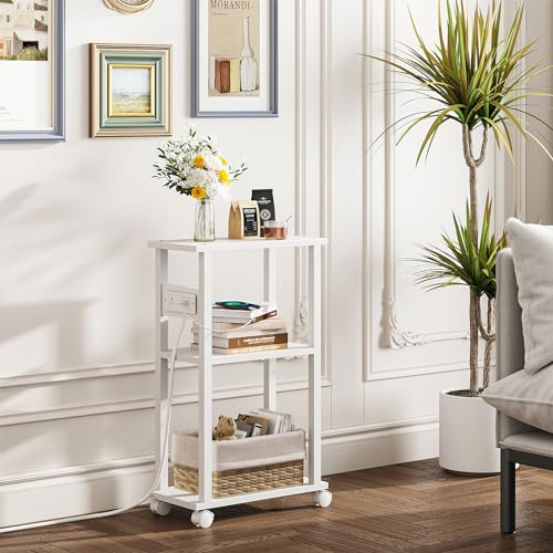 TUTOTAK Small Narrow Side Table with Charging Station, Skinny End Table | for Small Spaces, Slim Nightstand with USB Ports and Outlet, Sofa Beside Table with Wheels, White TB01BW046 - color: White, size: 1 PC, style: With Plug