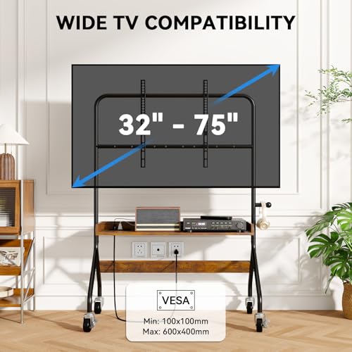 Rolling TV Stand with Power Outlet for 32-75 Inch TV - V1 | Mobile TV Cart, Load Bearing 110Lbs TV, Easel Portable TV Stand on Wheels with Shelf for Bedroom, Corner, Living Room