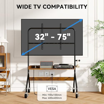 Rolling TV Stand with Power Outlet for 32-75 Inch TV - V1 | Mobile TV Cart, Load Bearing 110Lbs TV, Easel Portable TV Stand on Wheels with Shelf for Bedroom, Corner, Living Room