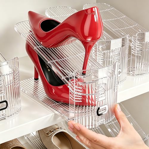 Shoe Stacker, Shoe Slot Organizer for Closet, Shoe Storage Rack | 12 Pack, Clear, 50% Space Saver, 3 Adjustable Height, Tool-Free Assembly, 30% Thicker, Superior Load Bearing - size: 12 Pack