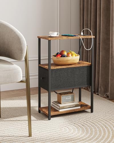 TUTOTAK Small Narrow End Table with Charging Station, Set of 2 | Side Table with Outlets, Nightstand with Cloth Drawer, Couch Table for Living Room, Bedroom, Brown and Black TB01BB058K - color: Brown and Black, style: 1 Drawer & Plug