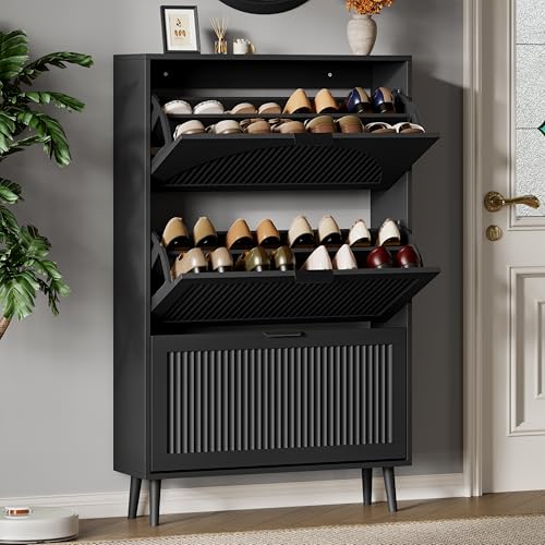 Xixini Shoe Storage Cabinet with 3 Flip Drawers, 50" Tall Narrow Wood Fluted Shoe Organizer for Entryway, Freestanding Wooden Hidden Slim Shoe Rack for Front Door Entrance, Hallway, Foyer, Solid Black - color: Solid Black, size: 3 Flip Drawers