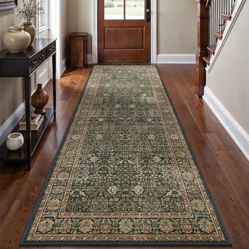 2'6" x 10' Kitchen Runner Rug, Washable Non Slip, Dark Green Brown | Vintage Floral, Spill Resistant, Lightweight Low Pile Carpet for Hallway, Bedroom, Laundry Room and Bathroom - color: Dark Green Brown, size: 2'6" x 10' (Rectangular)