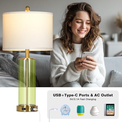 Ruzectt 26" Green Glass Table Lamps for Bedside, Modern Living Room Lamps Set of 2, Elegant Coastal Bedroom Lamp with USB A+C Ports & AC Outlet, 3-Way Dimmable Touch Lamp for Nightstand Dining Table - color: Green