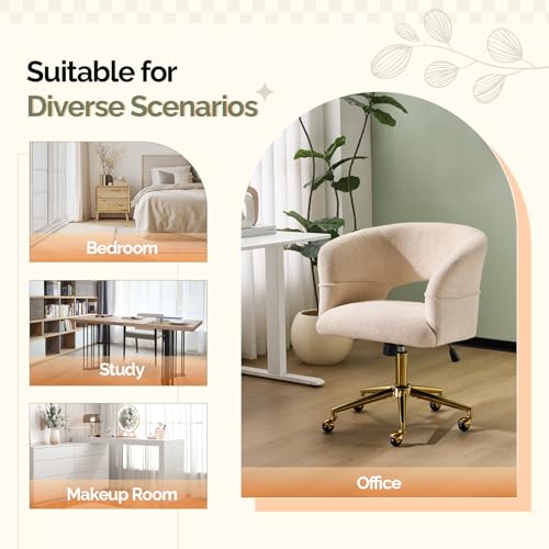 VINGLI Modern Curved Office & Vanity Desk Chair, Cute Upholstered Nail Chair with Wheels & 360° Swivel & Club & Tilting & Gold Base, for Living Room,Bedroom,Makeup, Velvet Chenille, Beige - color: Beige