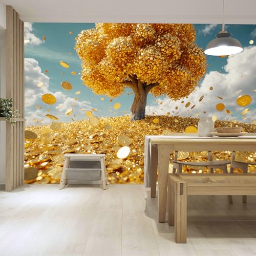 Custom Size Wall Sticker Mural，Golden Tree Money Coins Falling Sky，Removable SelfAdhesive Wall Fabric Large Photo Wallpaper for Living Room Bedroom