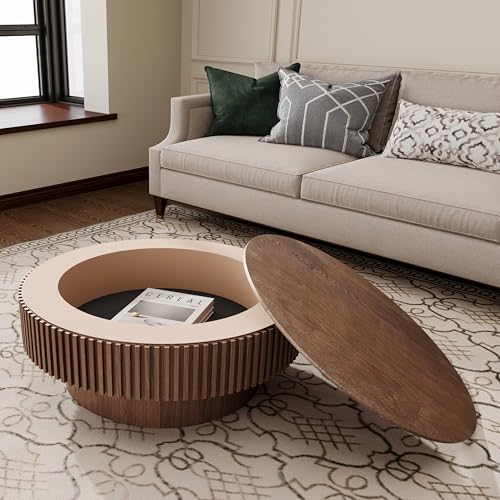 31.5'' Round Coffee Table for Living Room, Solid Wood Veneered Modern Nesting Coffee Tables with Storage, Circle Fluted Drum End Side Accent Tea Table for Bedroom Apartment Office, Walnut - color: Walnut, size: 31.5"x31.5"x14"