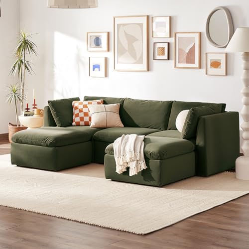 mopio Oversized Modular Sectional Sofa with Fully Removable Covers and Storage, Convertible U, L-Shaped and Sleeper Sectional, Modern Couches with Ottoman Chaise (Olive Green Velvet, 5 Seats, U) - color: [Gen 2] Olive Green Velvet, size: 5 Seats, U