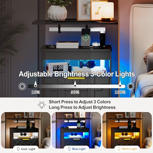 Lareth Rolling Nightstand with Wheels, LED Lights, Charging Station | Height Adjustable, Bedside Table 2 Drawers, Smart Wooden End Table Dorm Side Table Laptop Workstaion, Bedroom, Black - color: A Black
