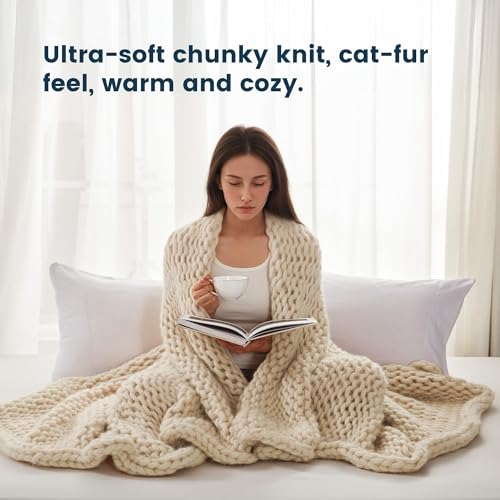 SLEEP ZONE Throw Blanket for Couch - Chunky Knit Hollow Blanket, Throw Blankets for Bed, Handmade Long Plush Cat Yarn, Soft Fluffy Knit Blankets Home Decor (Beige, 40x50in) - color: Beige, size: 40*50