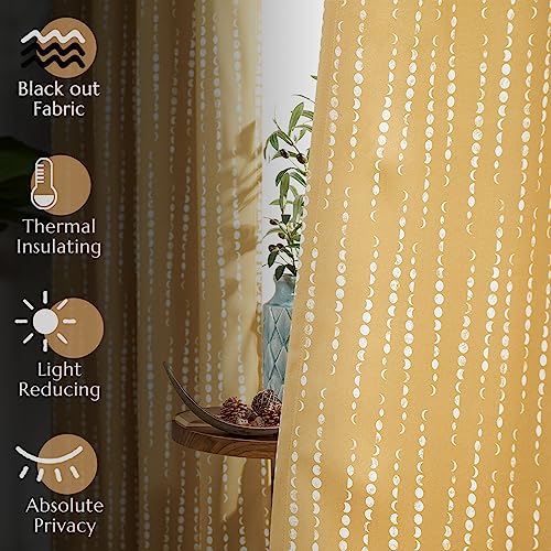 jinchan Boho Blackout Curtains 63 Inch Length Moon Phase Printed Drapes | Mustard Yellow Farmhouse Curtain for Bedroom Living Room Back Tab Drapes Room Darkening Window Treatment 2 Panels - color: Luna | Mustard Yellow, size: 52"W x 63"L (Pack of 2)
