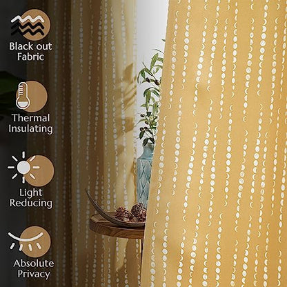 jinchan Boho Blackout Curtains 63 Inch Length Moon Phase Printed Drapes | Mustard Yellow Farmhouse Curtain for Bedroom Living Room Back Tab Drapes Room Darkening Window Treatment 2 Panels - color: Luna | Mustard Yellow, size: 52"W x 63"L (Pack of 2)