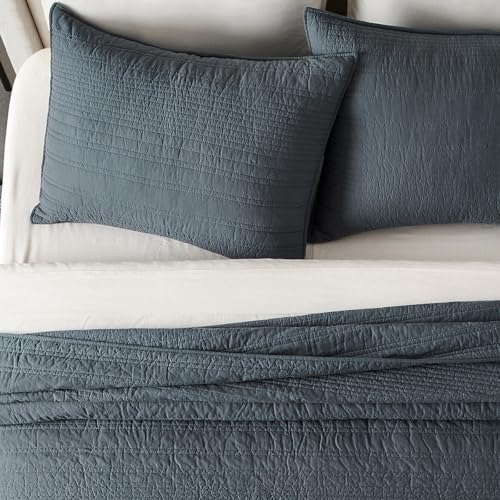 EVERGRACEHOME 100% Cotton Modern Lines Quilt Set Queen Size, Midnight Blue | Pre-Washed Soft Cotton, Striped Coverlet Bedspread, 3 Piece Lightweight Bedding Set for All Season, with 2 Pillow Shams - color: Midnight Blue, size: Full/Queen (92" X 92")