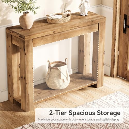 LITTLE TREE Solid Wood Console Table, Farmhouse 2-Tier Entryway Table, 43.3-Inch Narrow Sofa Table Behind The Couch for Living Room, Hallway, Foyer, Entrance