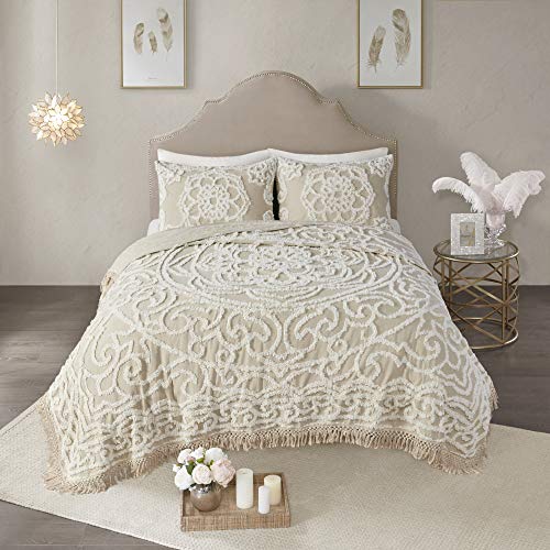 Madison Park Laetitia Lightweight 100% Cotton Quilt Set, Breathable Chenille Tufted, Shabby Chic Boho Medallion Design, Sham, Floral Taupe w/ Tassels, Full/Queen-2 Piece | Lightweight Bedding Set, Shabby Chic, Boho, Medallion, Floral, Machine Washable, Ea
