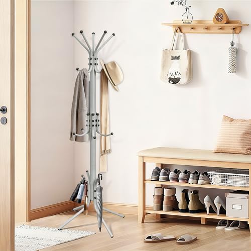 Metal Coat Rack, Freestanding Coat Tree & Hall Tree with 15 Hooks, Sturdy Coat Rack Stand and Hat Rack, Coat Hanger for Entryway, Bedroom, Office for Jackets, Hats, Bags, Grey - color: GREY