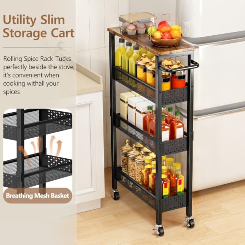 Slim Storage Cart with Wheels, 4 Tier Metal Rolling Organizer with Wood Top and Handle, Narrow Utility Shelf for Kitchen Bathroom Laundry Room, Black - color: Black-7.1inch