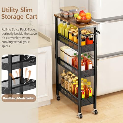 Slim Storage Cart with Wheels, 4 Tier Metal Rolling Organizer with Wood Top and Handle, Narrow Utility Shelf for Kitchen Bathroom Laundry Room, Black - color: Black-7.1inch
