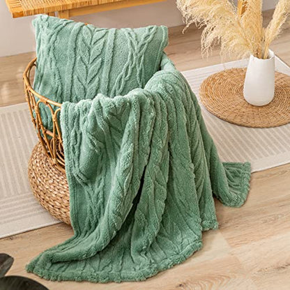 YUSOKI Sherpa Fleece Large Throw Blanket, Sage Green, 50"x65" | 3D Stylish Design,320GSM, Non-Shedding, Lightweight for All Season Use, stays fluffy after repeated washes, Perfect Gifts - color: Sage Green-(without Pillows), size: Throw (50" x 65")