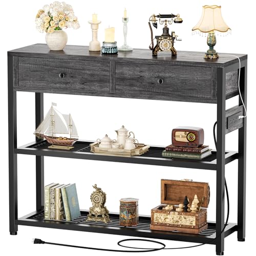 Ecoprsio 32" Small Entryway Table with Outlets, Console Table with Drawers | Couch Table behind Sofa, Entry Way Table with Shelves Storage, for Living Room, Hallway, Bedroom, Grey Oak - color: Grey Oak, size: 32-In