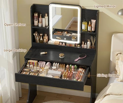 White Small Vanity Desk with Mirror and 3 Adjustable Light Modes | Dimmable Lighting, Multi Storage Area, Quick Assembly, CARB P2 Certified Material - color: Black