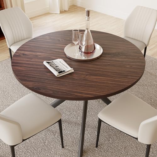 HIPIHOM 45.3'' Walnut Round Dining Table Set for 4, Mid Century Modern Small Coffee Set for Dining Room Kitchen Apartment (Dark Walnut Table + 4 White Chairs) - color: Walnut Table+4 White Chairs