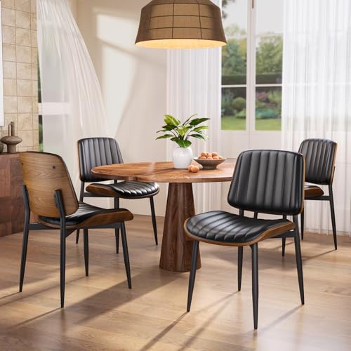 YaFiti Mid Century Dining Chairs with Walnut Bentwood, Set of 2, Black | Ergonomic Walnut Backrest, Upholstered Waterproof PU Leather Seat, Stable Metal Legs, Adjustable Footpads, Apartment Friendly - color: Black Pinstripe