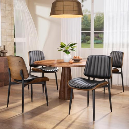 YaFiti Mid Century Dining Chairs with Walnut Bentwood, Set of 2, Black | Ergonomic Walnut Backrest, Upholstered Waterproof PU Leather Seat, Stable Metal Legs, Adjustable Footpads, Apartment Friendly - color: Black Pinstripe