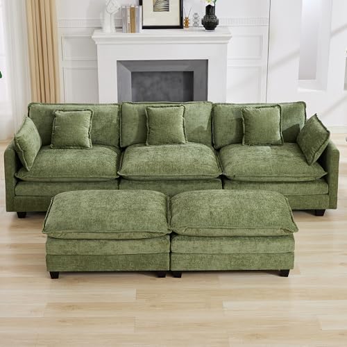 111'' Sectional Cloud Deep Seat Couch, Oversized Chenille U Shaped Sectional Sofa for Living Room Set, Comfy Upholstered Modular 3-Seats Sectional Sofa Couch with 2 Movable Ottoman, Green - color: Green, size: 111'' U Shape