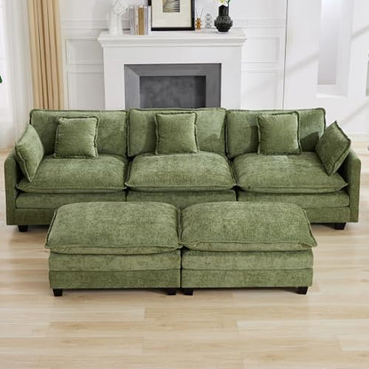 111'' Sectional Cloud Deep Seat Couch, Oversized Chenille U Shaped Sectional Sofa for Living Room Set, Comfy Upholstered Modular 3-Seats Sectional Sofa Couch with 2 Movable Ottoman, Green - color: Green, size: 111'' U Shape