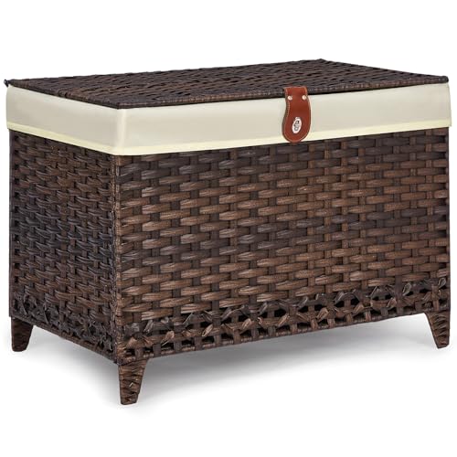Wicker Storage Basket with Lid, 105L Shelf Basket with Removable Liner Bag | Rattan-Inspired Woven Design, Elevated Feet, Storage Trunk for Wardrobe, Bedroom & Home Organization - color: Brown, size: 105L
