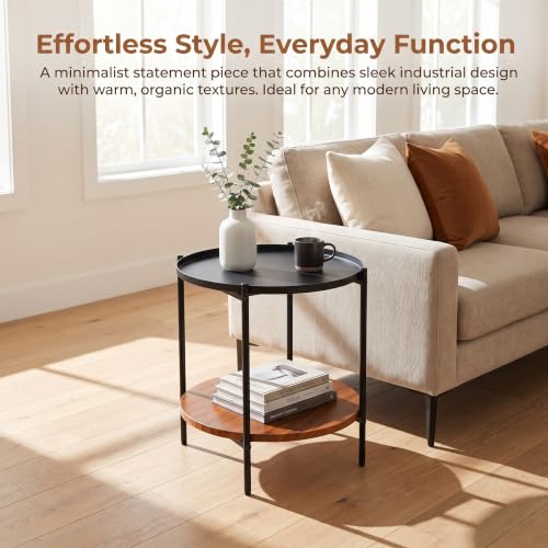 Round End Table with 2 Tier Storage, Modern Side Table with Wood Grain Lower Shelf and Durable Metal Frame, Small Accent Table for Sofa, Bedroom, Living Room, Apartment and Office