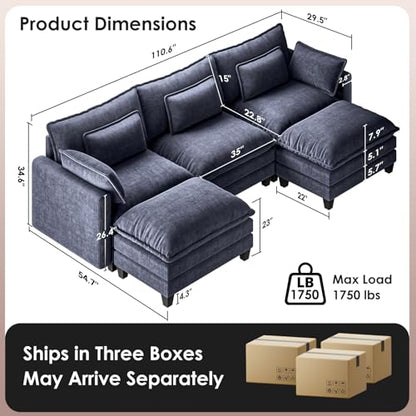 Marsail Modular Sectional Sofa 110.6" U-Shaped Modern Comfy Cloud Couch, 5-Seat Chenille Deep Seat Sofa with Throw Pillow & Movable Ottoman for Living Room, Bedroom and Apartment, Navy Blue - color: Blue, size: 110.6" - U Shape