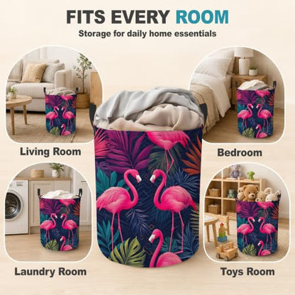 Pink Flamingo Collapsible Laundry Hamper,Tropical Palm Leaves Waterproof Oxford Cloth Clothes Basket with Handles for Bathroom Bedroom Nursery Dorm Room,16" x 20" - color: Pink Flamingo,Tropical Palm Leaves