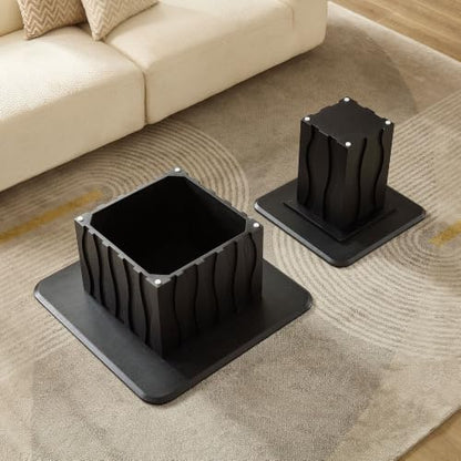 Nesting Coffee Table Set of 2 with Wavy Fluted Base, Black | 31.5" & 21.65", 2PCS Center Tables, Square Tea Table, Easy to Assemble, Mid-Century Modern, for Living Room Office - color: 31.5" & 21.65" - Black