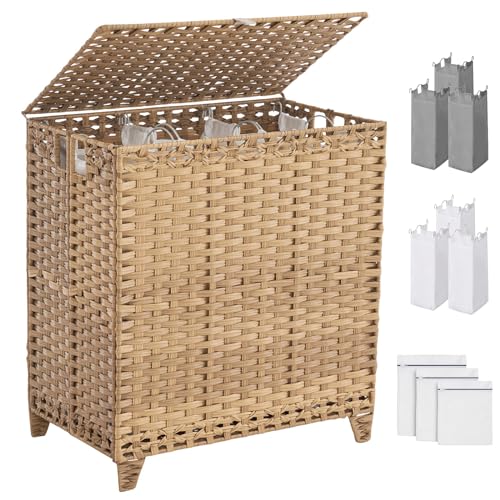 Laundry Hamper with Lid, 190L Large Laundry Basket 3 Section with 6 Removable Liner Bags & 3 Mesh Laundry Bags, Handwoven Rattan Clothes Hamper with Heightened Feet, No Install Needed, Natural - color: Natural