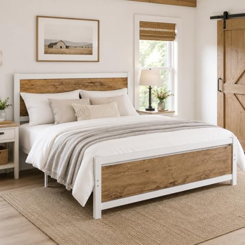 Full Size Bed Frame with Headboard, Full Metal Platform Bed Frame with Steel Slat Support, 10.5 in Under Bed Storage, No Box Spring Needed, Easy Assembly, White Brown - color: White&brown, size: Full