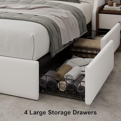 Einhomn Queen Bed Frame with 4 Storage Drawers, Upholstered Bed Frame with Large Wingback Headboard, Charging Station, No Box Spring Needed, White - color: White, size: Queen