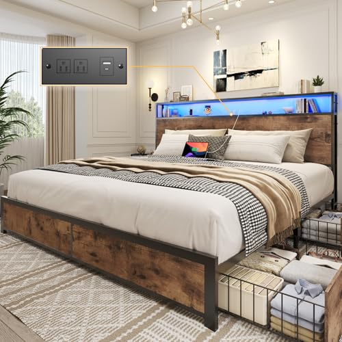 Lifezone King Bed Frame with 2-Tier Storage Headboard, Metal Platform Bed Frame with 4 Storage Drawers, Built in Charging Station & LED, Noise-Free/Metal Support/No Box Spring Needed, Vintage Brown - color: Rustic Brown, size: King