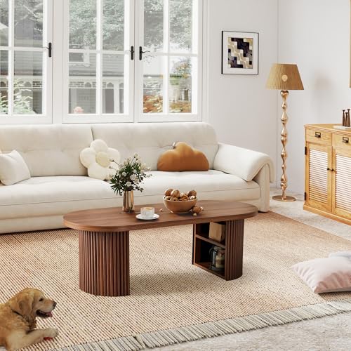 Oval Fluted Coffee Table, 47" Farmhouse Wood Coffee Table Mid Century Modern Center Table Boho Living Room Tables for Living Room Office,Walnut - color: Walnut, size: 19.69"D x47.2"W x 15.74"H