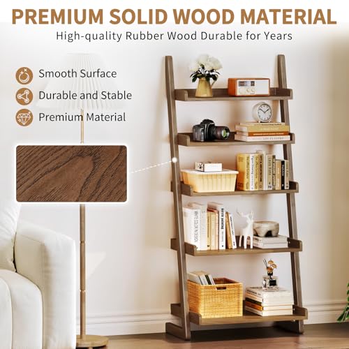 Uniclinens Walnut Wooden Ladder Shelf, 5-Tier Ladder Shelf Bookcase, Ladder Bookshelf for Compact Spaces, Solid Wood Bookshelf for Living Room, Bedroom, Home Office,(23.6''Dx15.7''Wx55.1''H) - color: Walnut