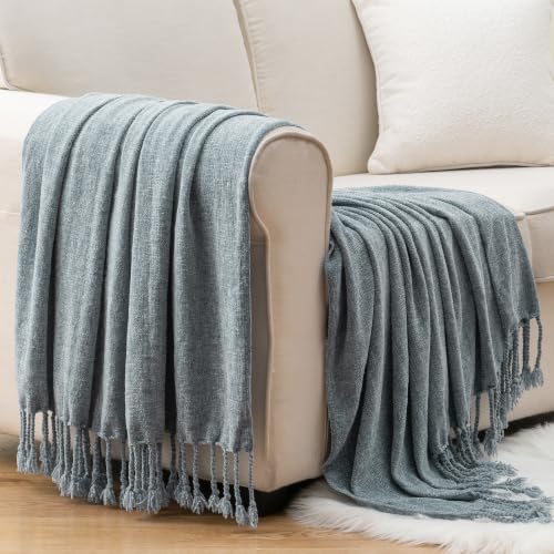BATTILO HOME Dusty Blue Chenille Throw Blanket for Couch, Soft Cozy Textured Knit Throw Blanket with Handmade Fringe Tassels, Lightweight Decorative Farmhouse Blanket for Sofa Bed Chair, 50"x60" - color: Dusty Blue