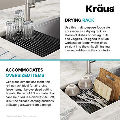 Kraus Multipurpose Workstation Sink Roll-Up Dish Drying Rack, Colander and Trivet in Green, KRM-11GR